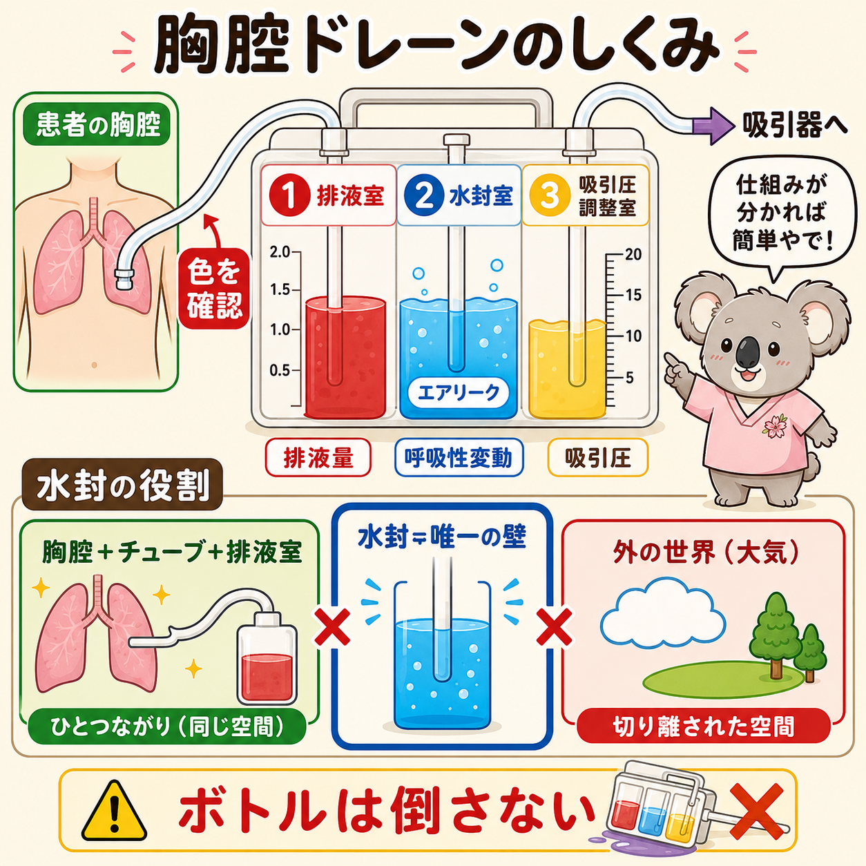 胸腔ドレーンのしくみ。ボトルは「排液室・水封室・吸引圧調整室」の3つに分かれ、水封より患者さん側はすべて胸腔とつながった1つの空間であることを示す図解